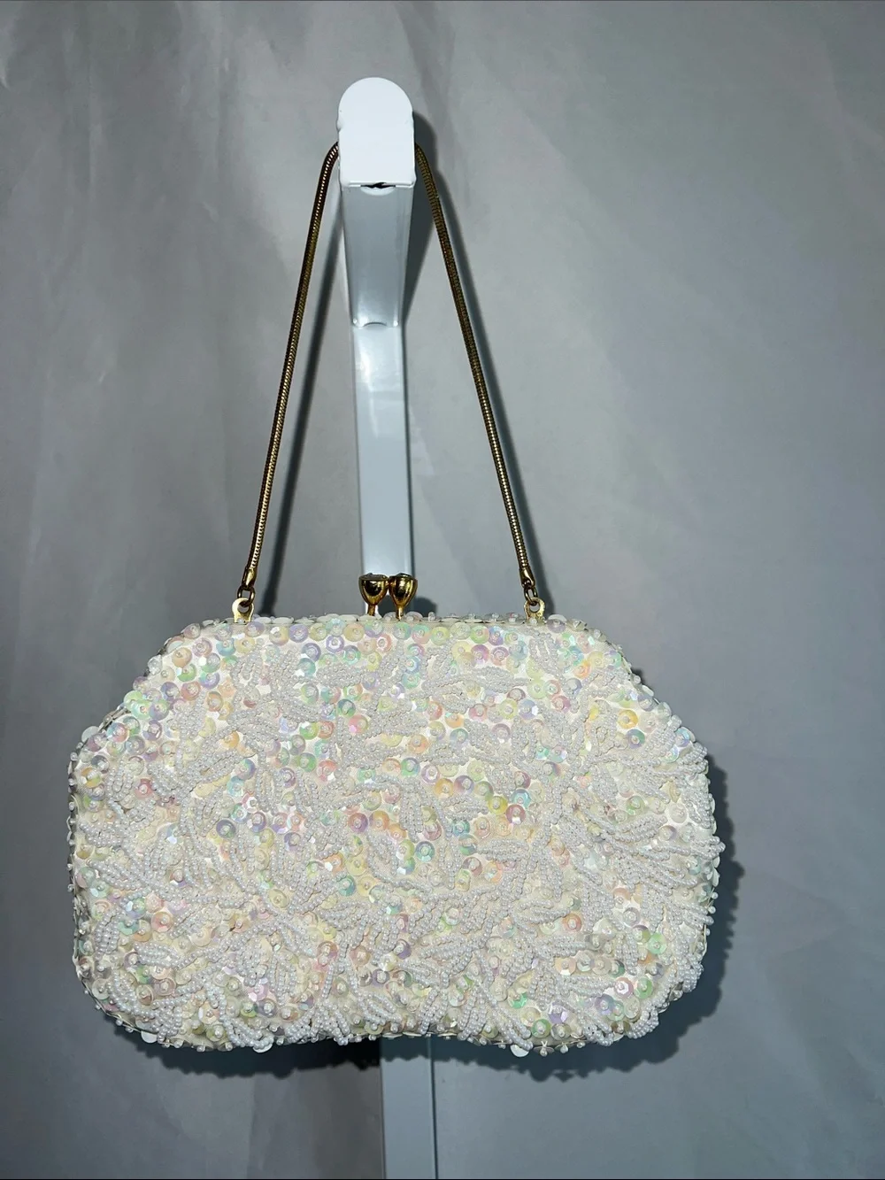 Source Unknown Ivory Pearl & Sequin Beaded Evening Clutch Vintage 1950s